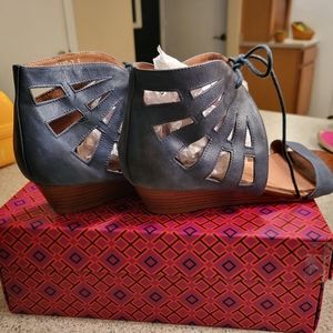 Jeffrey Campbell navy Ibiza leather & wood wedge sandals, 8